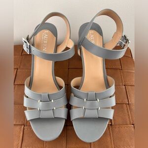 Lauren Ralph Lauren Soffia Leather Platform Heels Sandals Ocean Blue Size 9.5